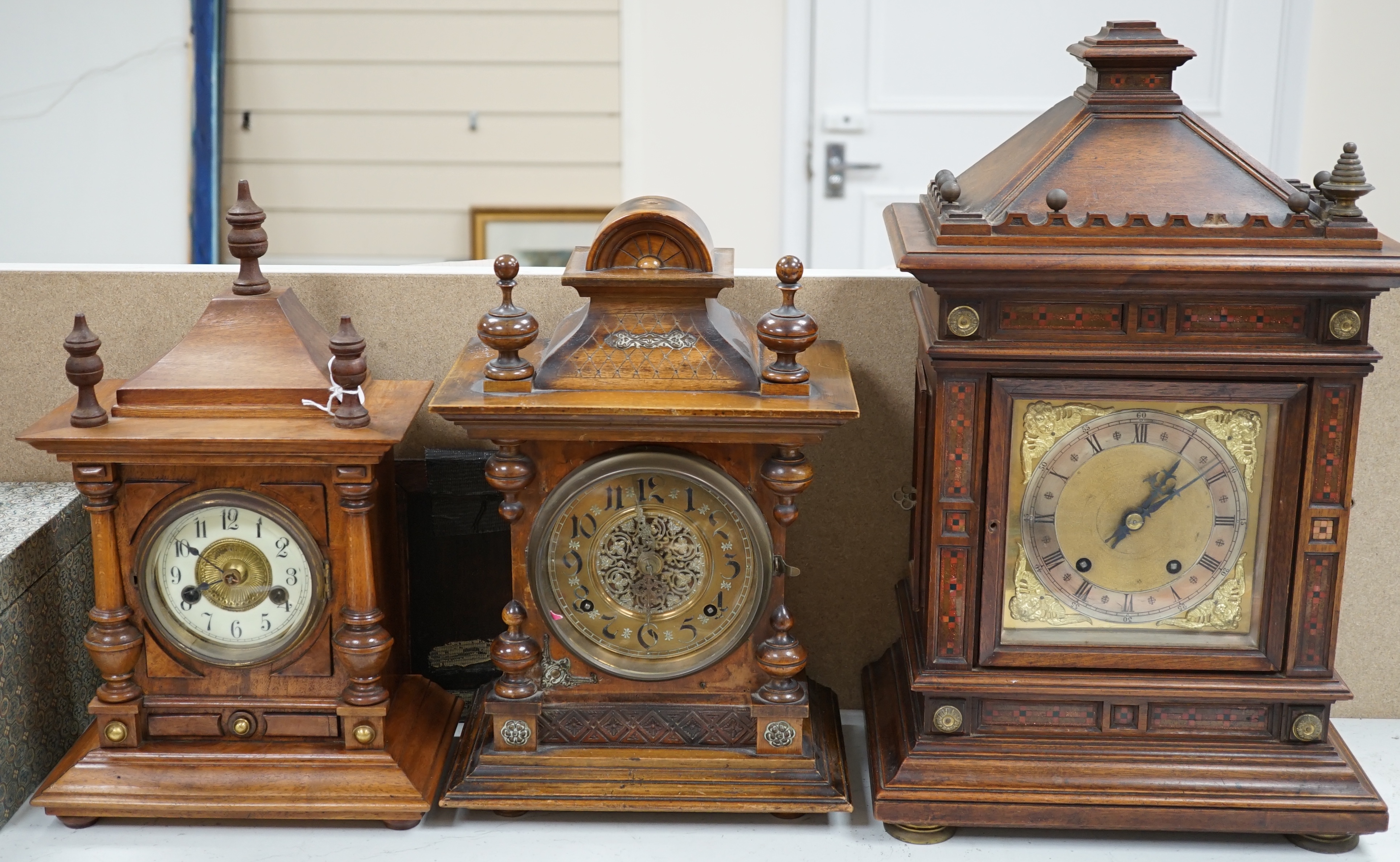 Three various late 19th century mantel clocks, tallest 50cm. Condition - fair. Not tested as working